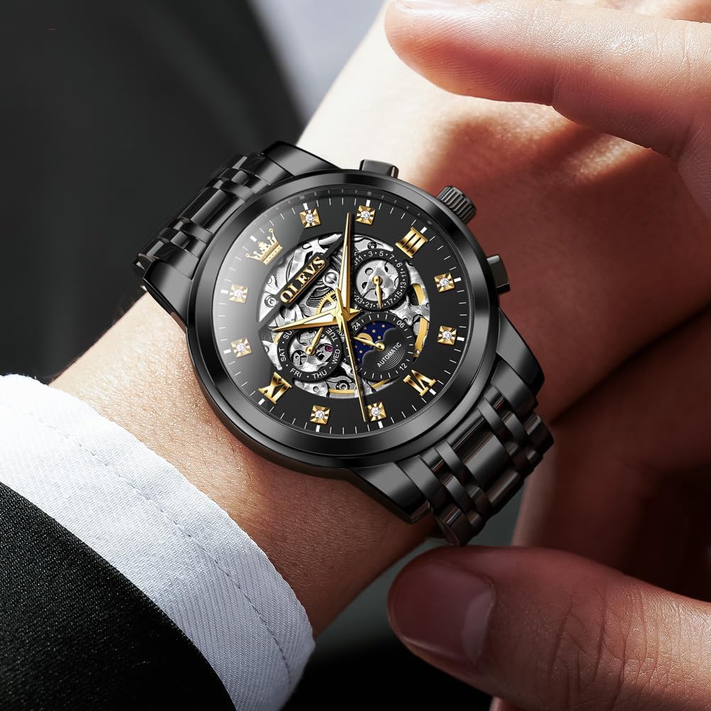 OLEVS Automatic Watches for Men Luxury Skeleton Mechanical Mens Watch Diamond Moon Phase Waterproof Date Self Winding Gentlemen Watch