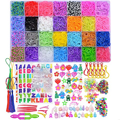 Rainbow Rubber Bands Refill Kit, Loom Rubber Band Bracelet Kit for Kids Girls Boys DIY Kit for Age 6 and Up, 11950+ Loom Bands in 28 Colors, 600 Clips, 200 Beads, 54 Charms, 5 Crochet Hooks, 2 Y Looms