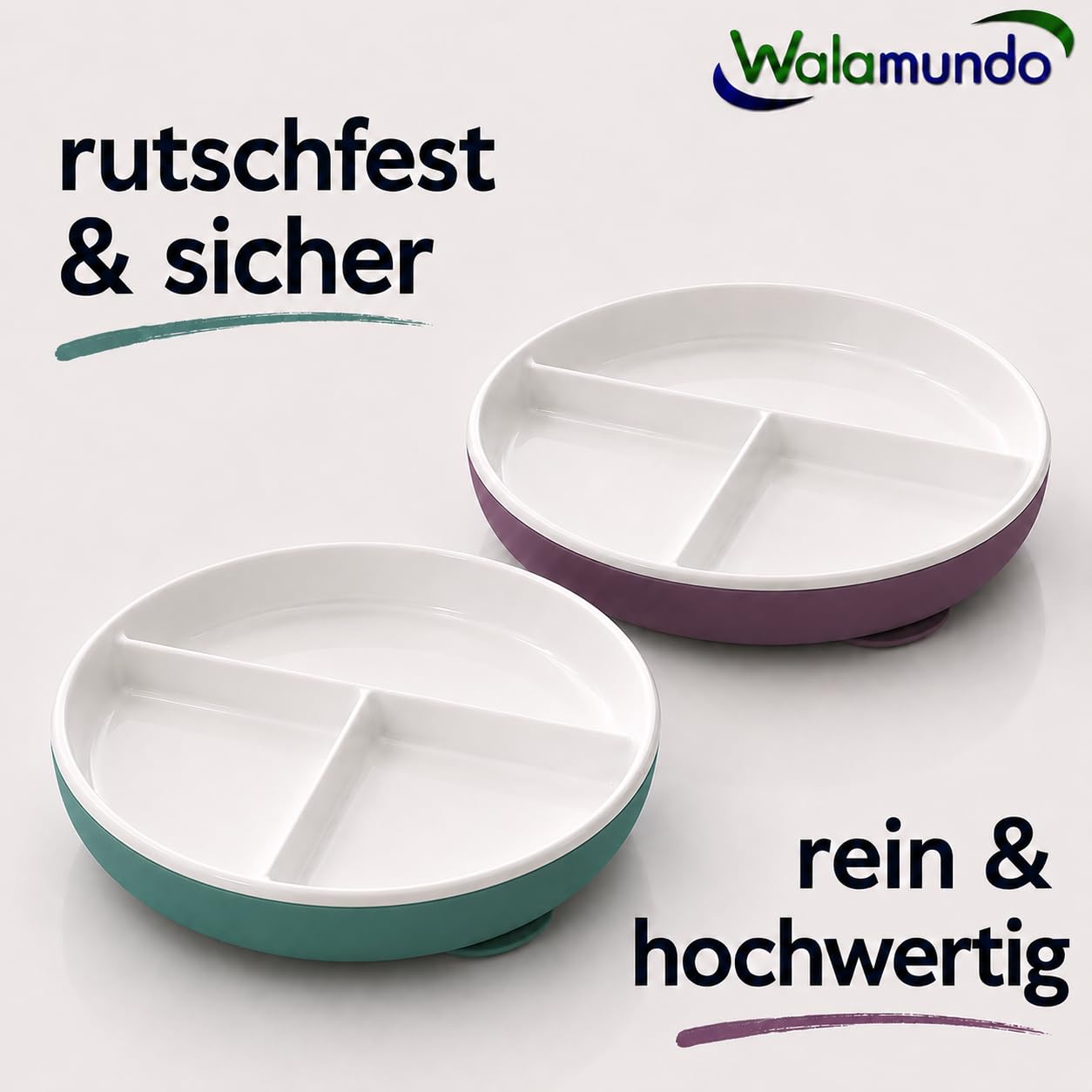 Hochwertiger Kinderteller/Babyteller aus gehärtetem, robustem Porzellan mit Schutz aus elegantem Silikon und rutschfesten Saugnäpfen; ideal auch als Teller für Camping, Wohnmobil und Boot