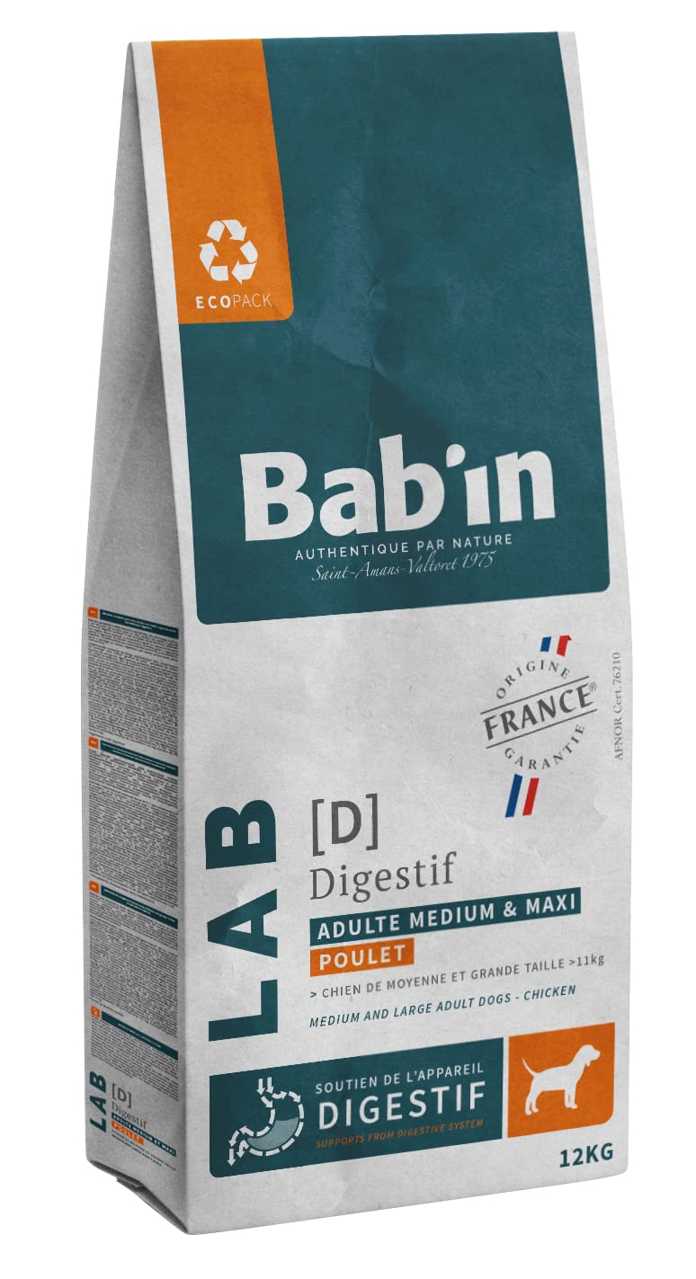 Babin Lab Medium & Maxi Adulte Digestif 12KG - Croquettes pour Chiens Adultes de Moyennes et Grandes Tailles - Naturelles et Équilibrées - Adaptées aux Besoins Nutritionnels – Riche en Poulet