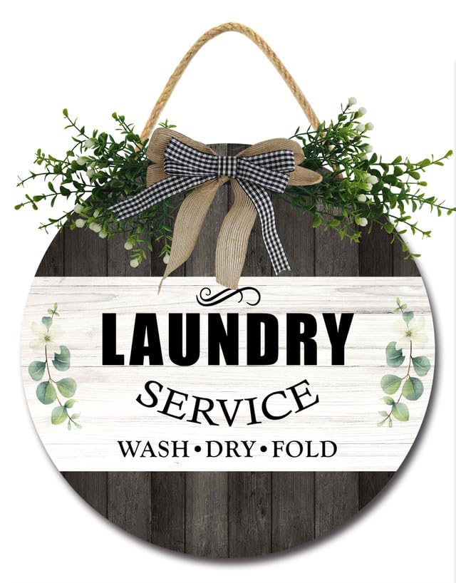 Bidesign Laundry Service Wash Dry Fold Laundry Room Decor For Farmhouse Wooden Round Rustic Laundry Room Door Sign For Home Laundry Decor Wash Room