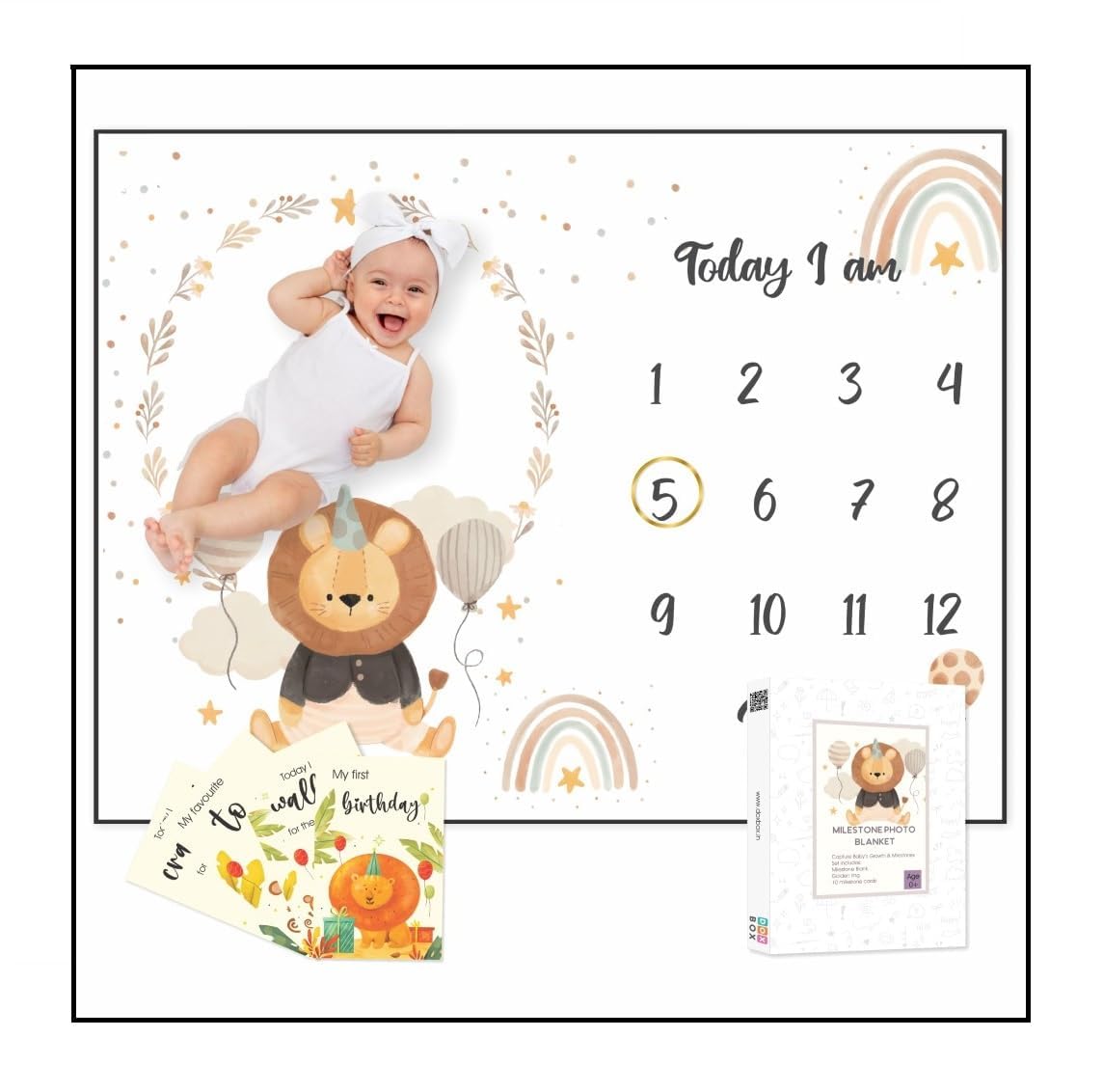 Zooplay India Baby Monthly Milestone Blanket, Large Photography Background with Lion Design, White, 68x46.3 Inches, Includes Acrylic Ring, 10 Milestone Cards-image-28