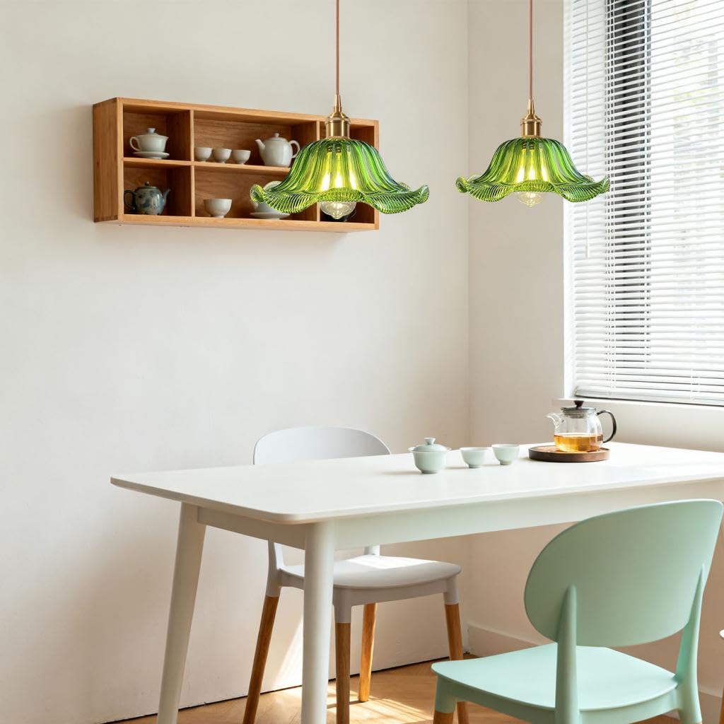 DLGLOLIN Lampada a sospensione in vetro vintage lampadario soggiorno, paralume fiore creativo retrò a sospensione, E27 plafoniera per camera da letto, cucina, sala da pranzo, verde