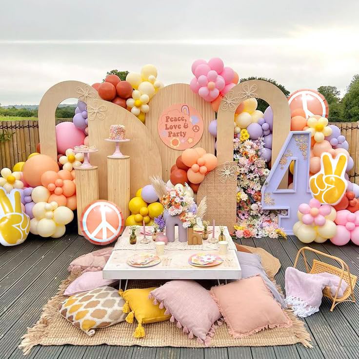 Image of 8pcs Groovy Retro Hippie Balloons Two Groovy Birthday Party Decorations Young Wild and Three Party Decorations Hippie Birthday Decorations Peace Out Single Digits Party Decor