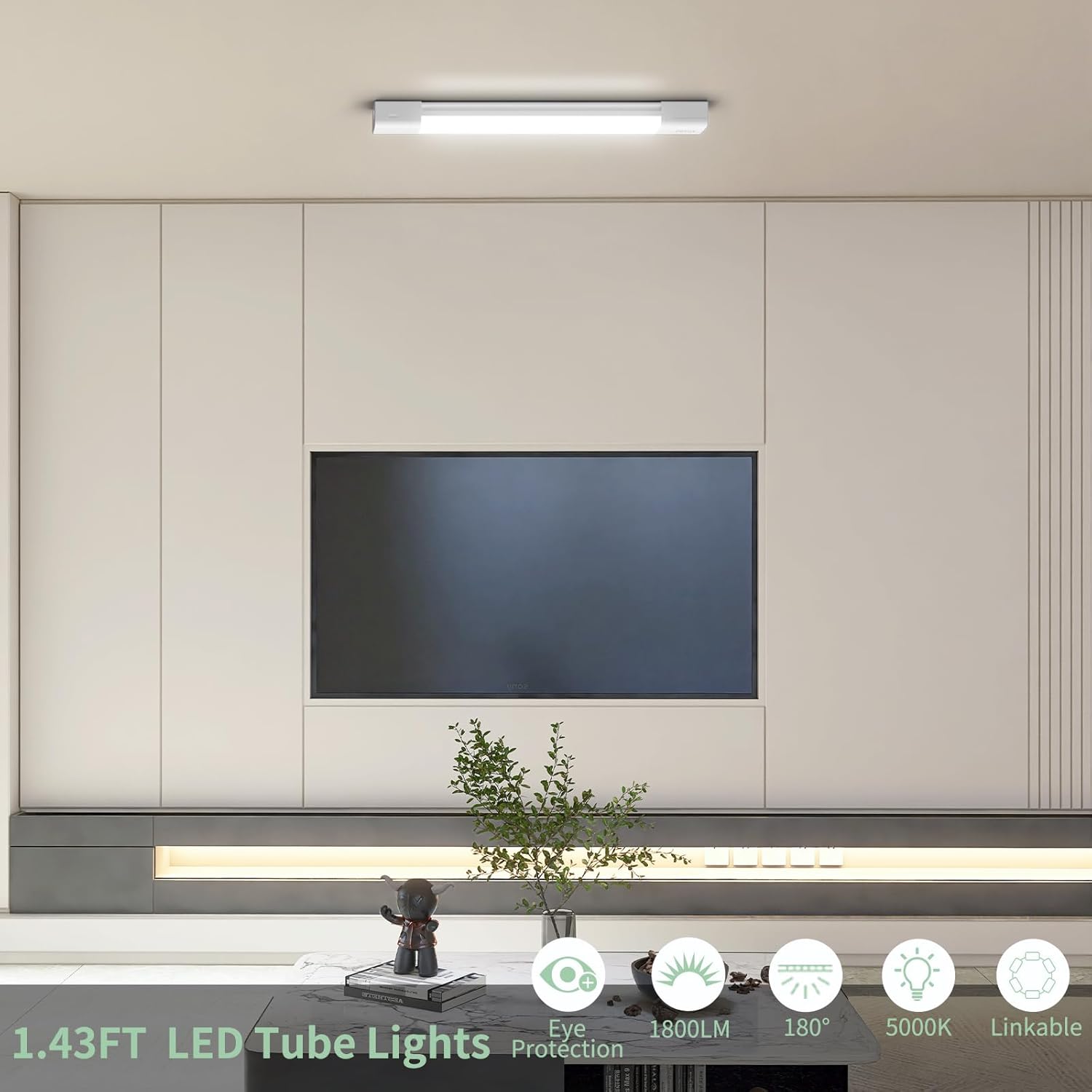 Airand 5000K LED Ceiling Light Fixture with Plug, Utility Shop LED Tube Lights 1.43 FT Cabinet Light 16W Linkable Closet Light for Workbench Basement Kitchen Garage Corridor with Switch