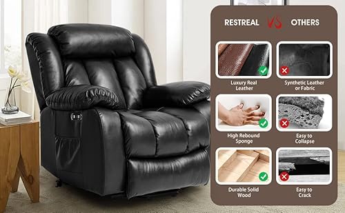 Coosleep Lay Flat Sleeping Dual Okin Motor Lift Chair Recliners For Elderly With Heat And Massage Up To 350 Lbs,Genuine Leather,Usb Ports (Black) #TOP3