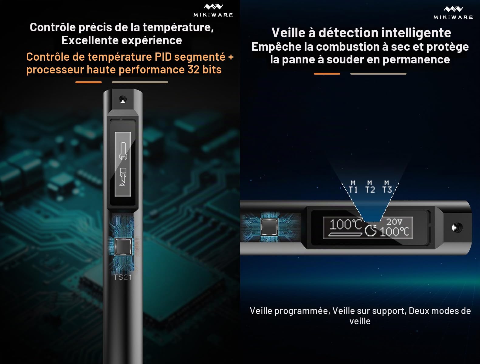 MINIWARE TS21 Fer à Souder Poste à Souder KU Tips Intelligent Portable Numérique 100W 3 Seconds Fondant Promoteur Lumière de Remplissage Préréglage Température 100-450℃