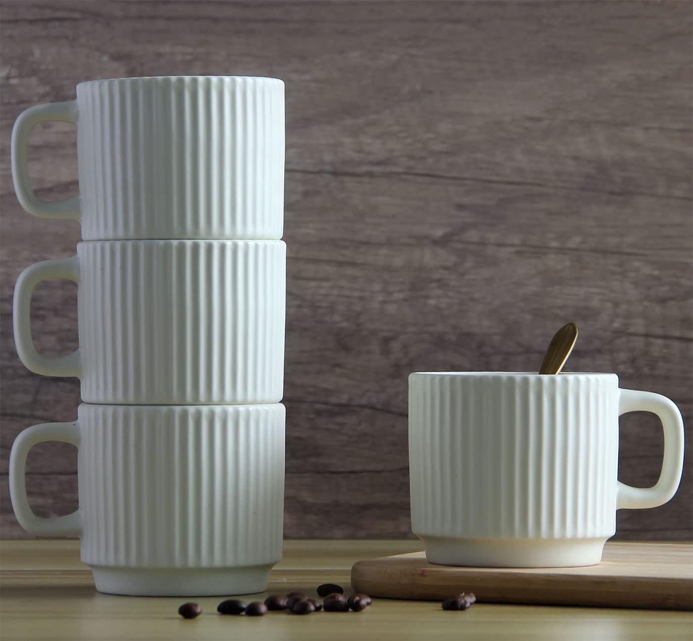 Stackable Coffee Mugs Set of 4, 7 OZ Espresso Ceramics Cups for Latte Cappuccino Cocoa with Handle, Beige