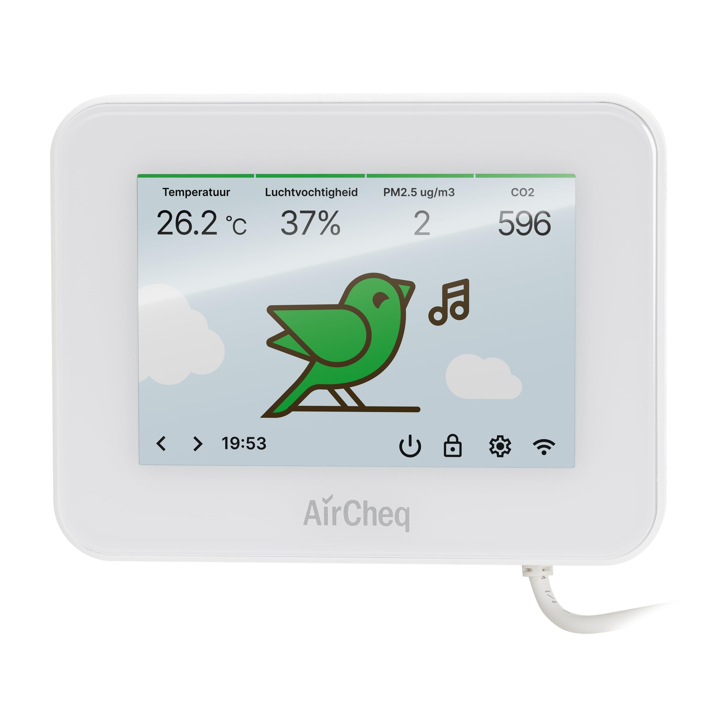 Miernik jakości powietrza z drobnym pyłem, CO2, pomiarami VOC, wyświetlaczem dotykowym, monitorem temperatury i wilgotności, w zestawie ładowarka i zestaw instalacyjny