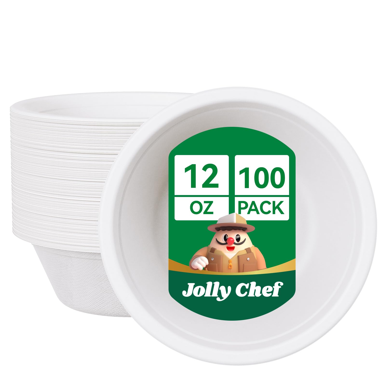 JOLLY CHEF Compostable Disposable Biodegradable Bagasse Bowls, Paper Bowl [12 oz] Strong Soup Containers [150 Pack] Hot Cold Food Eco-Friendly Sugarcane Microwavable Bowls for Salad Milk
