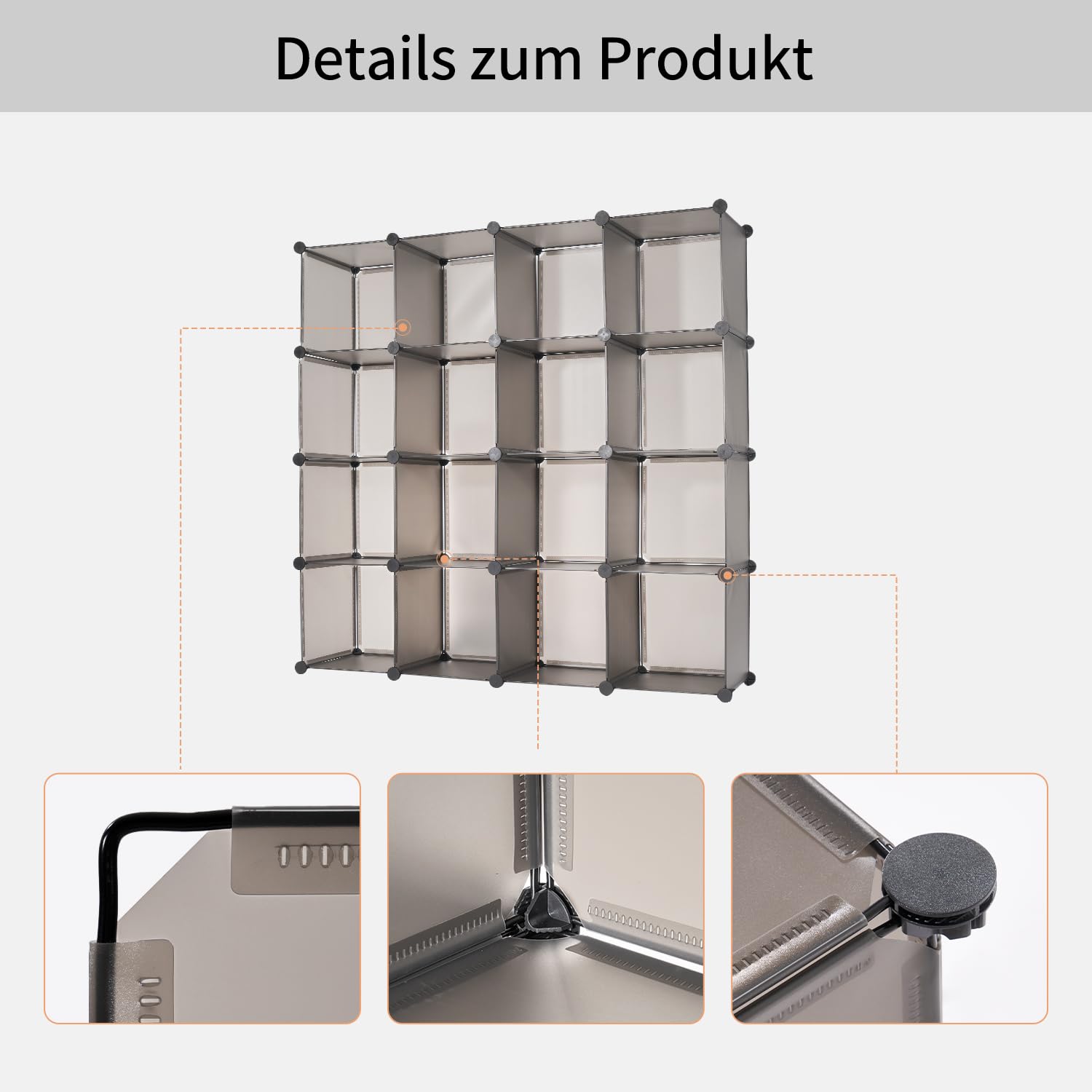 Organizzatore Modulare 16 Cubi per Armadio e Libreria - Scaffale Multiuso con Martello, Pannelli Impermeabili, Struttura Metallica Rinforzata - Ideale per Vestiti, Libri, Giocattoli (Grigio)