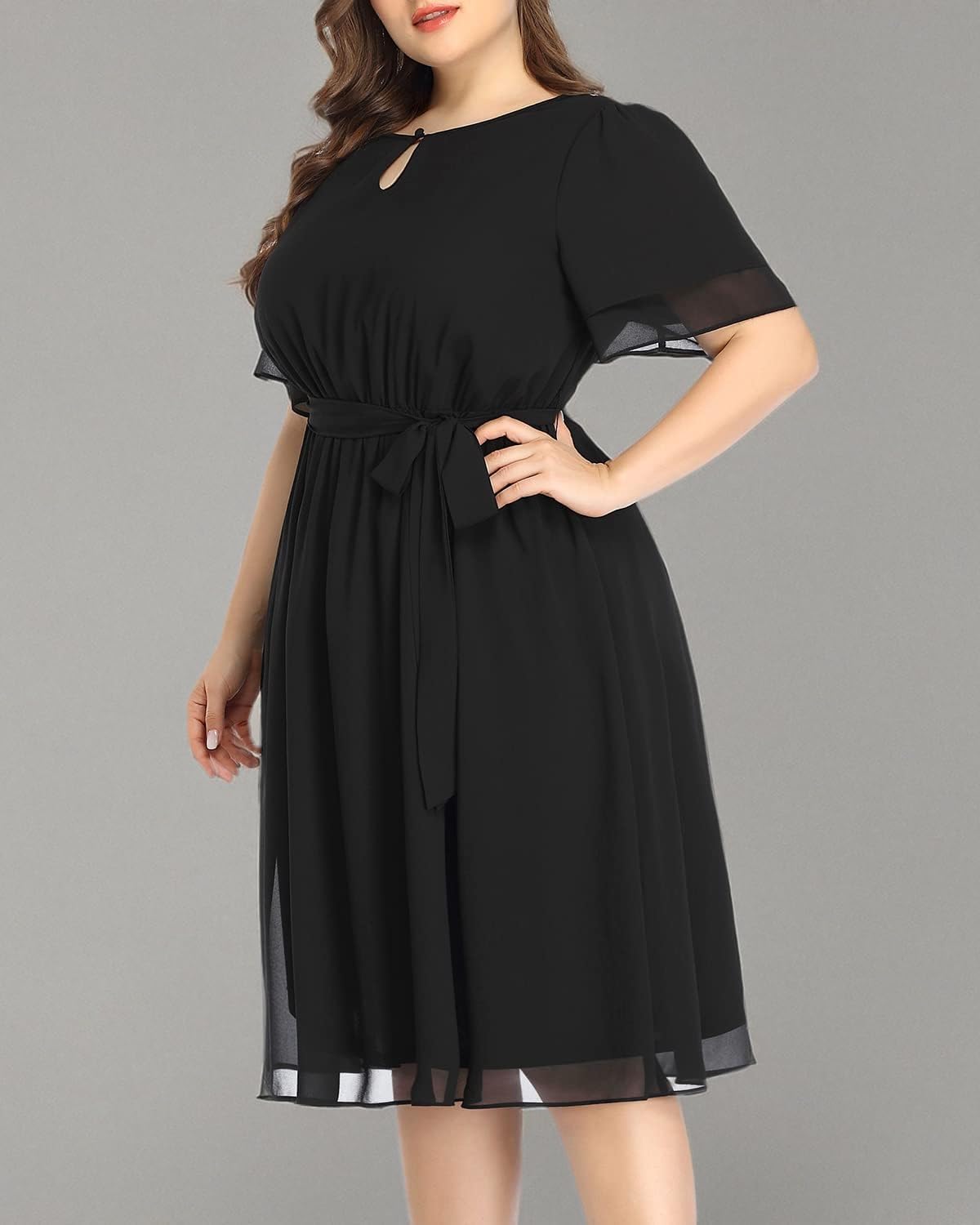 Pinup Fashion Plus Size Dresses for Wedding Guest - Semi Formal Cocktail Chiffon Keyhole Neck Knee Length Dress - Image 7