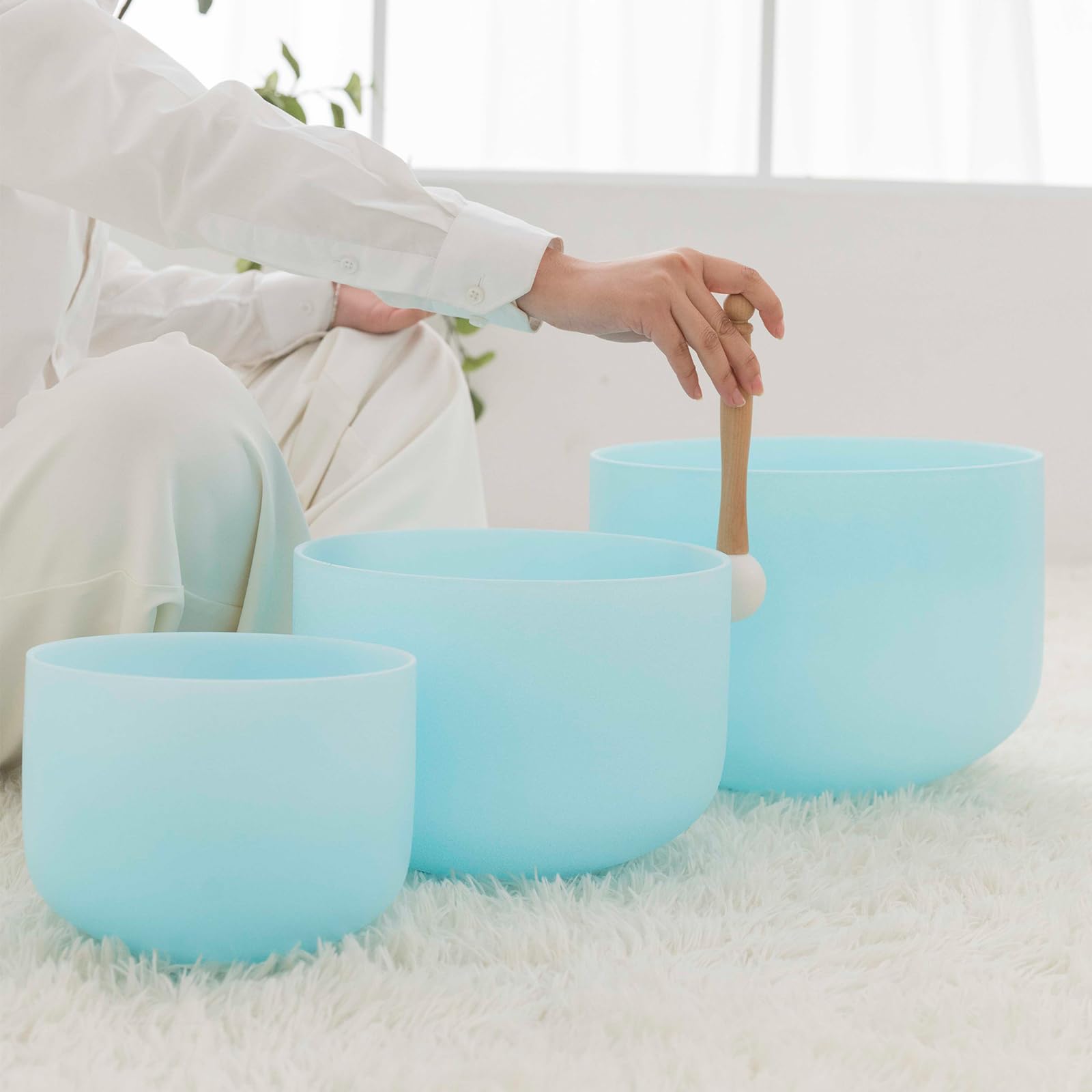 Hye-eun Set di 3 campane tibetane in cristallo, 432 Hz, 12 "C 10" F 8 "A, blu, al quarzo, con custodia per il trasporto, per la meditazione, per la guarigione dello yoga