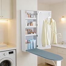 32" H Wall Mount Ironing Board Cabinet with Mirror, Built-in Swivel Ironing Board & Folding Support Leg, Folding Ironing Board Wall Cabinet for Home Checkrooms Small Spaces