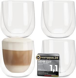 4er Set Cappuccino Tassen 250ml - Gastronomie Qualität - spülmaschinenfest und hitzebeständig - doppelwandige Kaffeegläser - Borosilikatglas für Cappuccino Gläser Modern