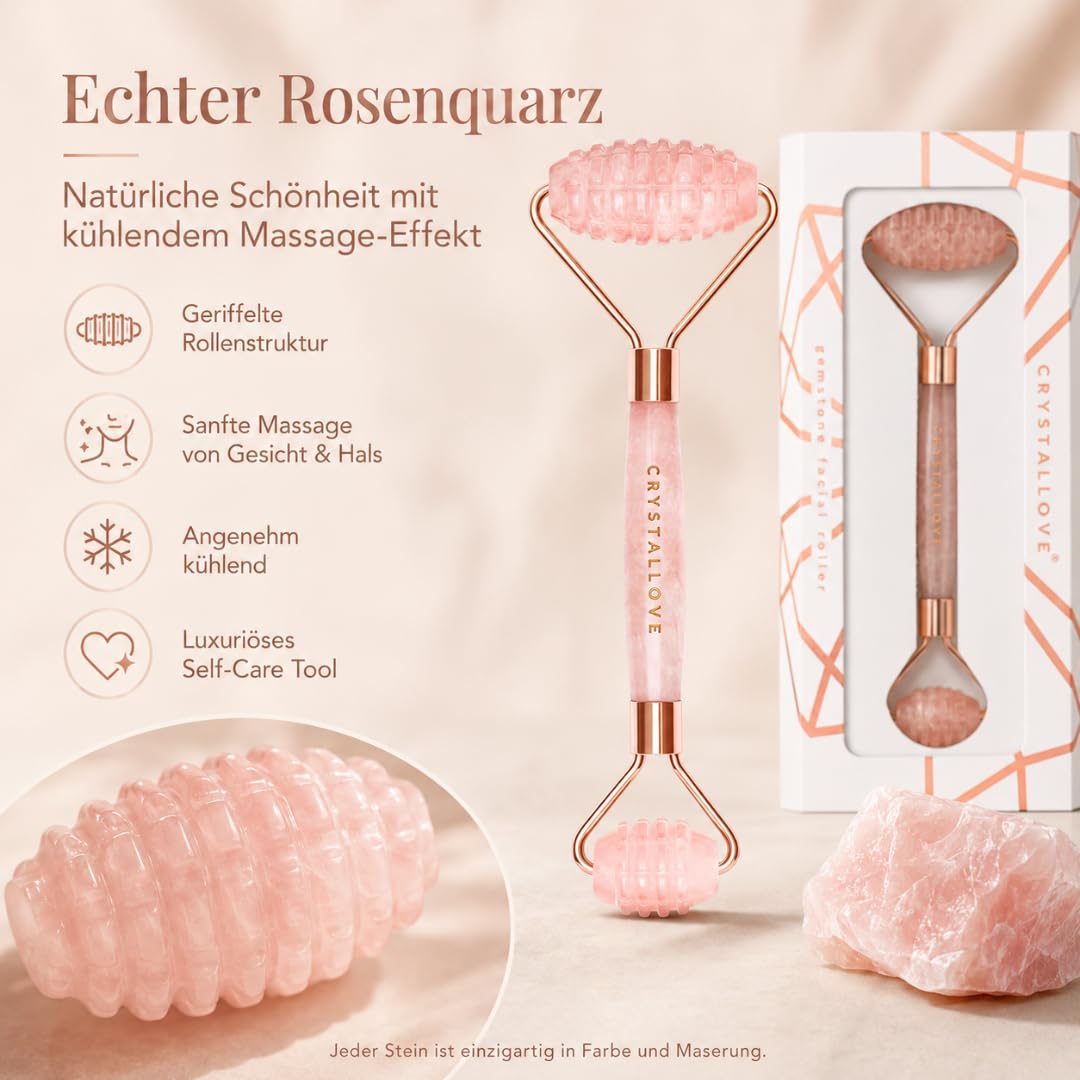 CRYSTALLOVE Rosenquarz 3D Gesichtsroller, Face Roller Massagegerät für Gesichtsmassage, Massageroller aus Naturstein für Gesicht, Hals, Dekolleté & Augenpartie, Beauty Tool für Hautpflege