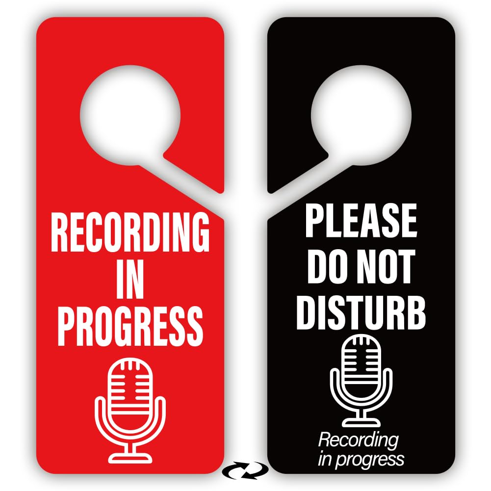 PRESSINART 2Pcs Recording Do Not Disturb Sign PVC Double Sided 9 x 4 Inch, Office Door Hanger Signs Red Black Notice Plaque for Recording Studio Podcast Room Broadcasting Office Home Workspace Decor