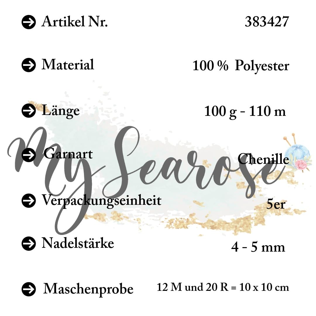 Rico Design 5 x 100g CREATIVE CHENILLOVE SPARKLE CREME Premium Wolle kuschelweich mit Glitzerakzenten für festliche Projekte und gemütliche Dekoideen mit mySearose Label