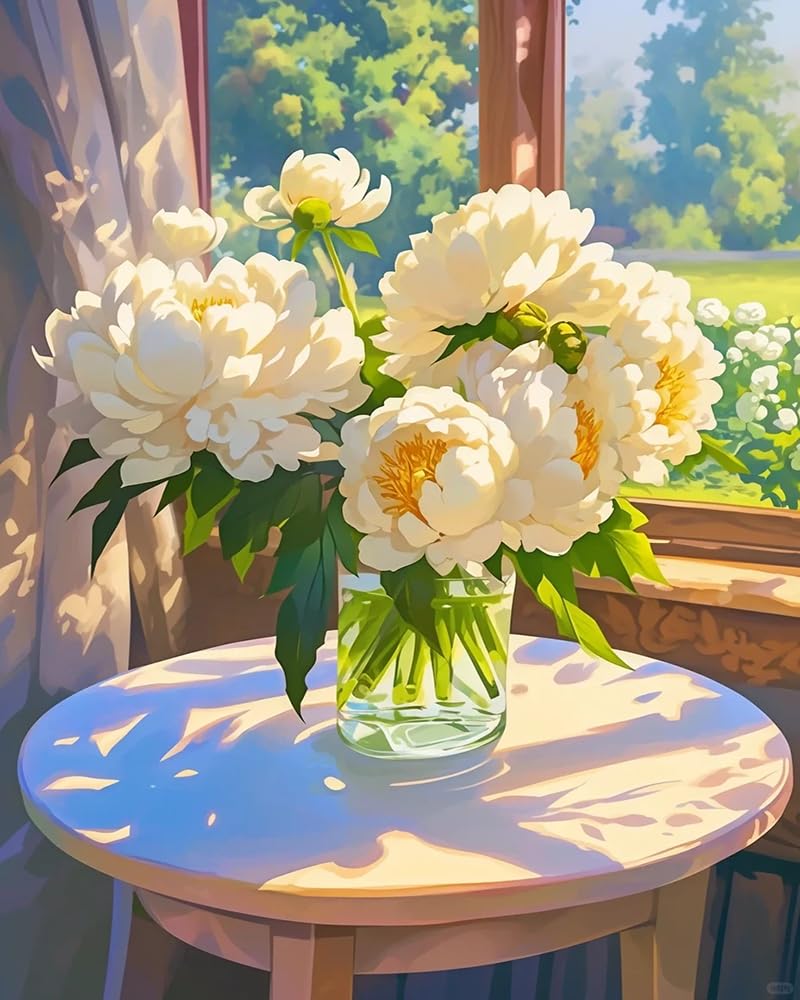 Axiangzik White Flowers Hand Cross Stitch Needlework Embroidery Kits, Peony Flowers In Vase On Table,11Ct Cross Stitch For Beginners Adults Diy Crafts New,16X20inch