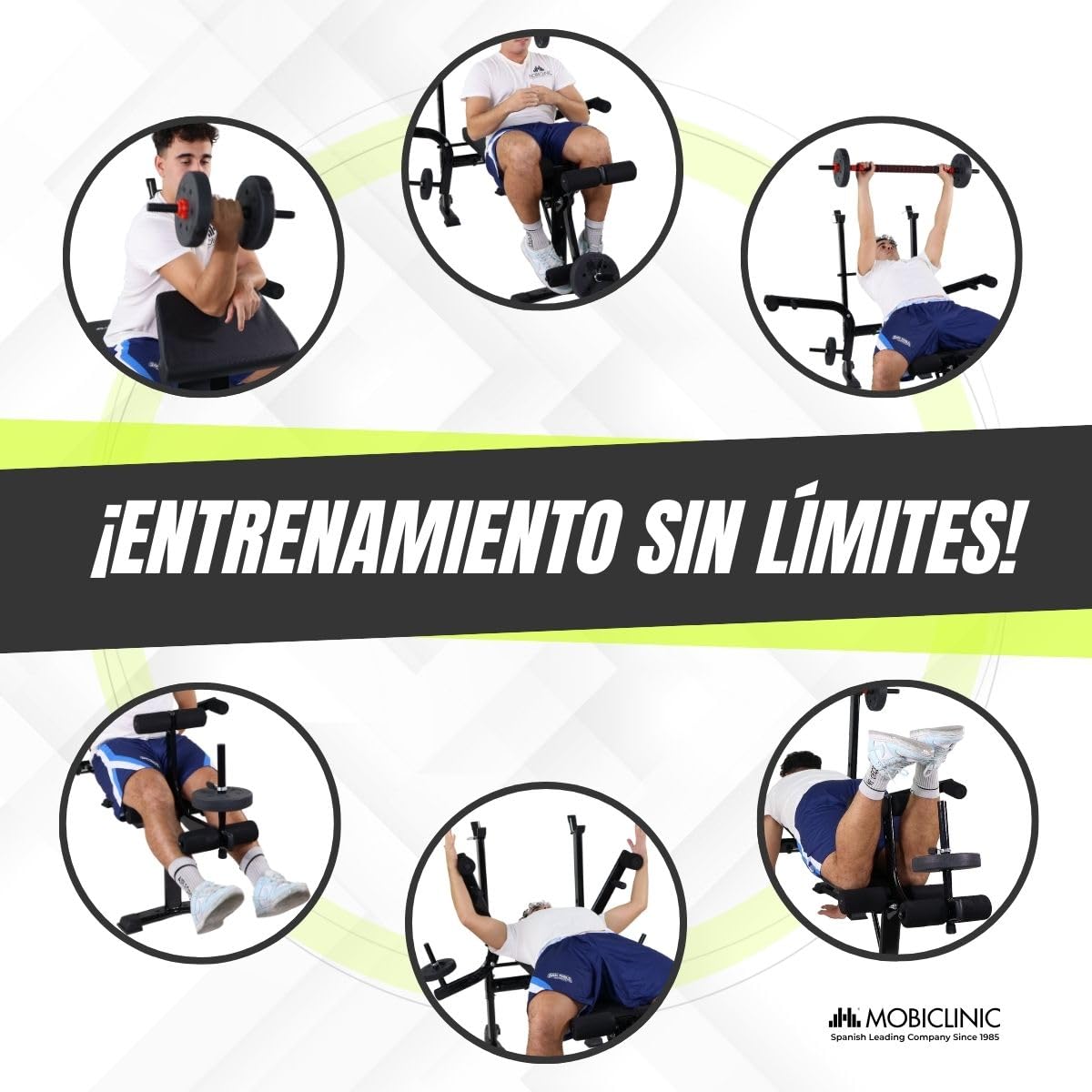 Mobiclinic® fitness, Banco de musculación multifuncional, Pressfit, Ajustable, Plegable, Acero, Soporta hasta 250 kg, Soporte para barras, Ideal ejercicios fuerza en casa