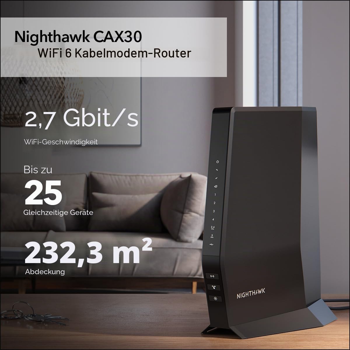 NETGEAR Nighthawk WiFi 6 Kabelmodem-Router CAX30 kompatibel mit Xfinity, Spectrum und Cox, AX2700 (bis zu 2,7 Gbit/s) DOCSIS 3.1