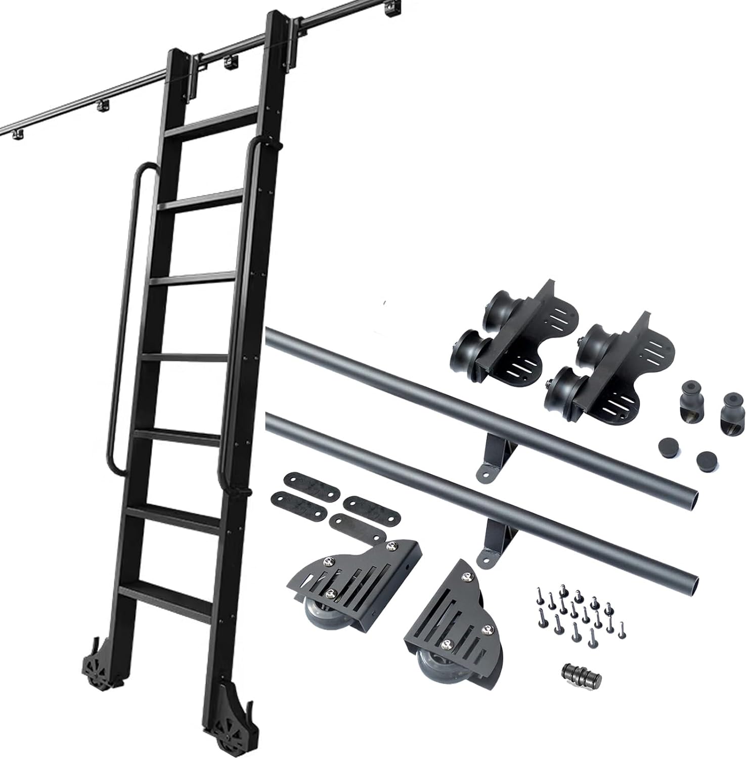 Ladders Track Kit, 3.3Ft-20Ft Rolling Ladder Kit Library Sliding Barn Door Full Hardware, Round Tube Extension Ladder Tracks Rail, Telescope Slide Roller System(No Ladder)(One Color 6.6ft/200cm T