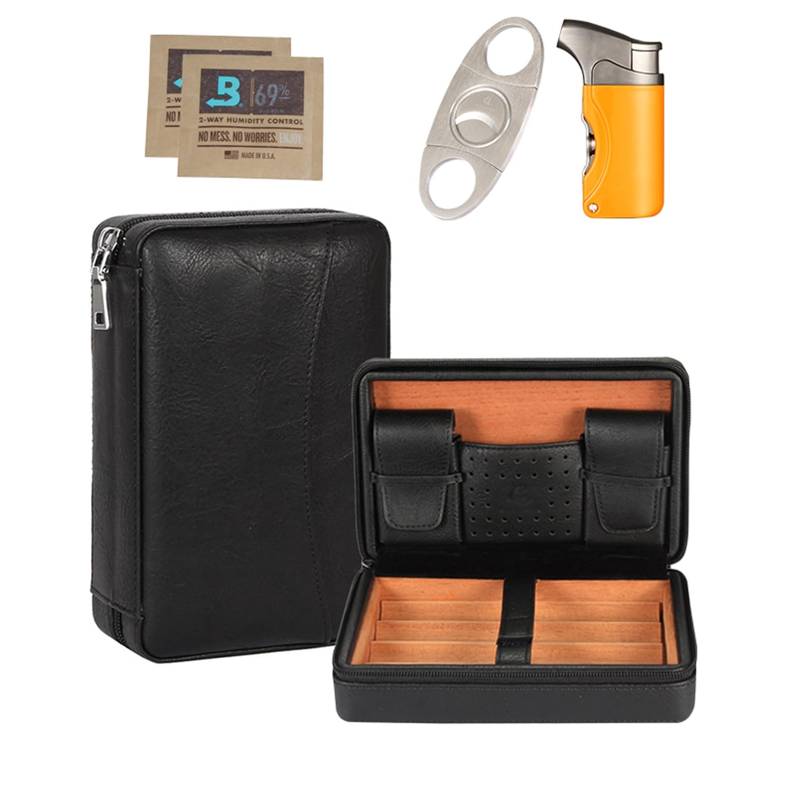 Humidor per sigari da viaggio, custodia per umidificatore per sigari da viaggio in pelle con motivo coccodrillo foderato in legno di cedro, incluso tagliasigari e set accendino per regalo di Natale (