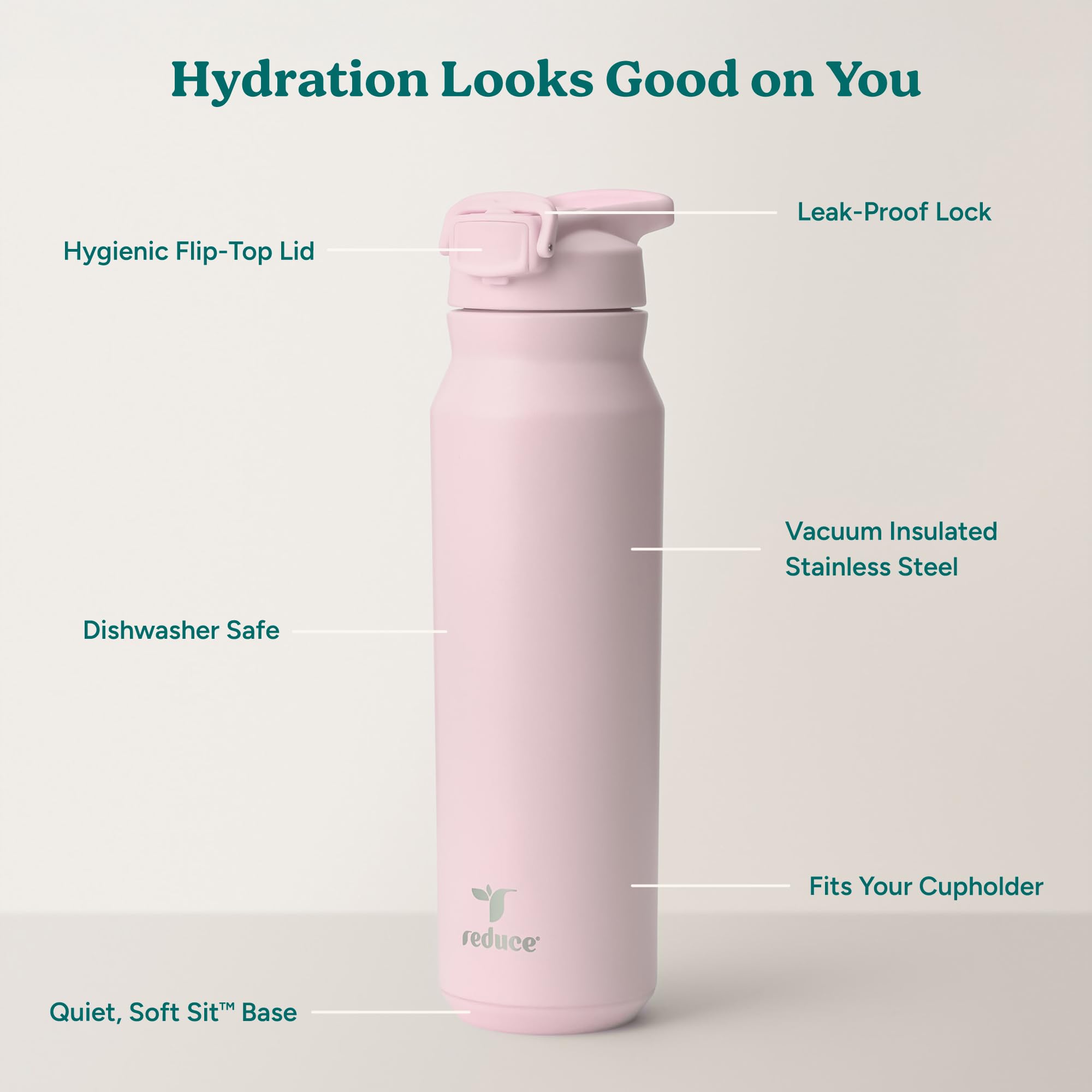 REDUCE Hydrate Pro - Borraccia termica in acciaio inox da 907 ml, con coperchio a ribalta, lavabile in lavastoviglie, senza BPA, sottovuoto a doppia parete, mantiene le bevande fredde per 48 ore,