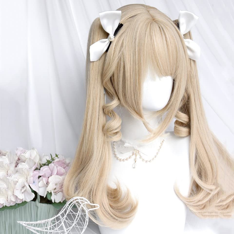 Perruque blonde de cheveux synthétiques ondulés avec frange et double queue de cheval - 4