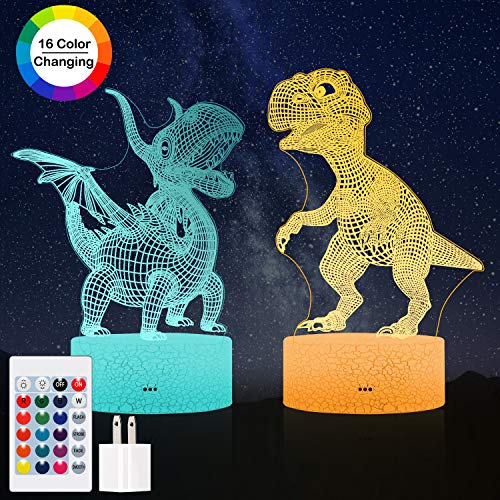 Dinosaur Night Light Kids Toys, Dimmable 3D LED Lamp Nightlight,16 Colors Smart Touch& Updated Remote Control, Dinosaur Toys Birthday Party Christmas Gifts for 2 3 4 5 6+ Years Old Girls Boys