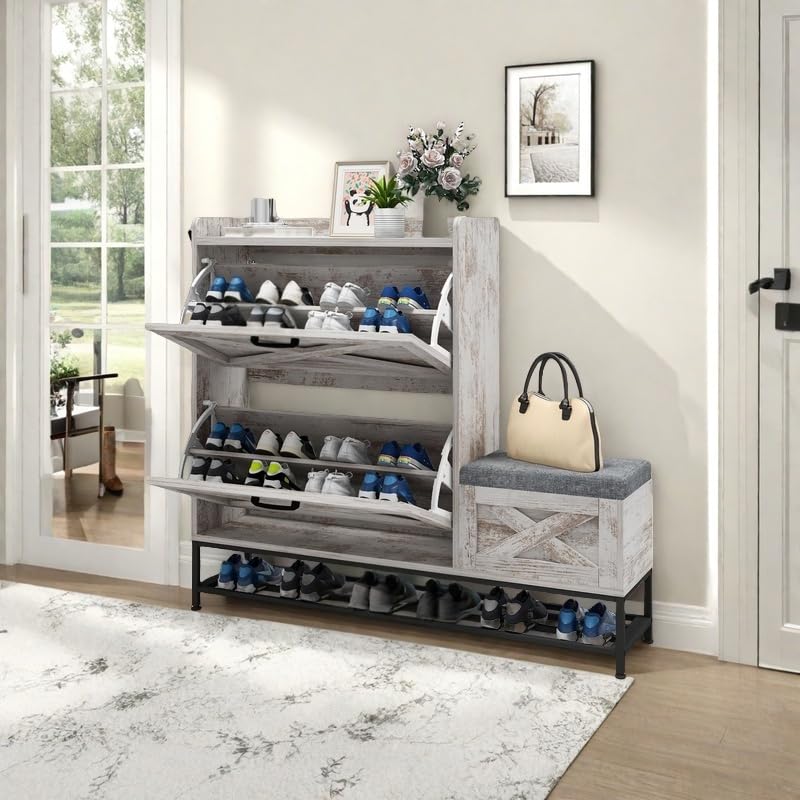 DWVO Farmhouse Shoe Storage Cabinet with Shoe Bench, Entryway Shoe Storage with 2 Flip Drawers for 16 Pairs, Narrow Slim Shoe Cabinet for Entryway, Living Room, Hallway (Embossed White)