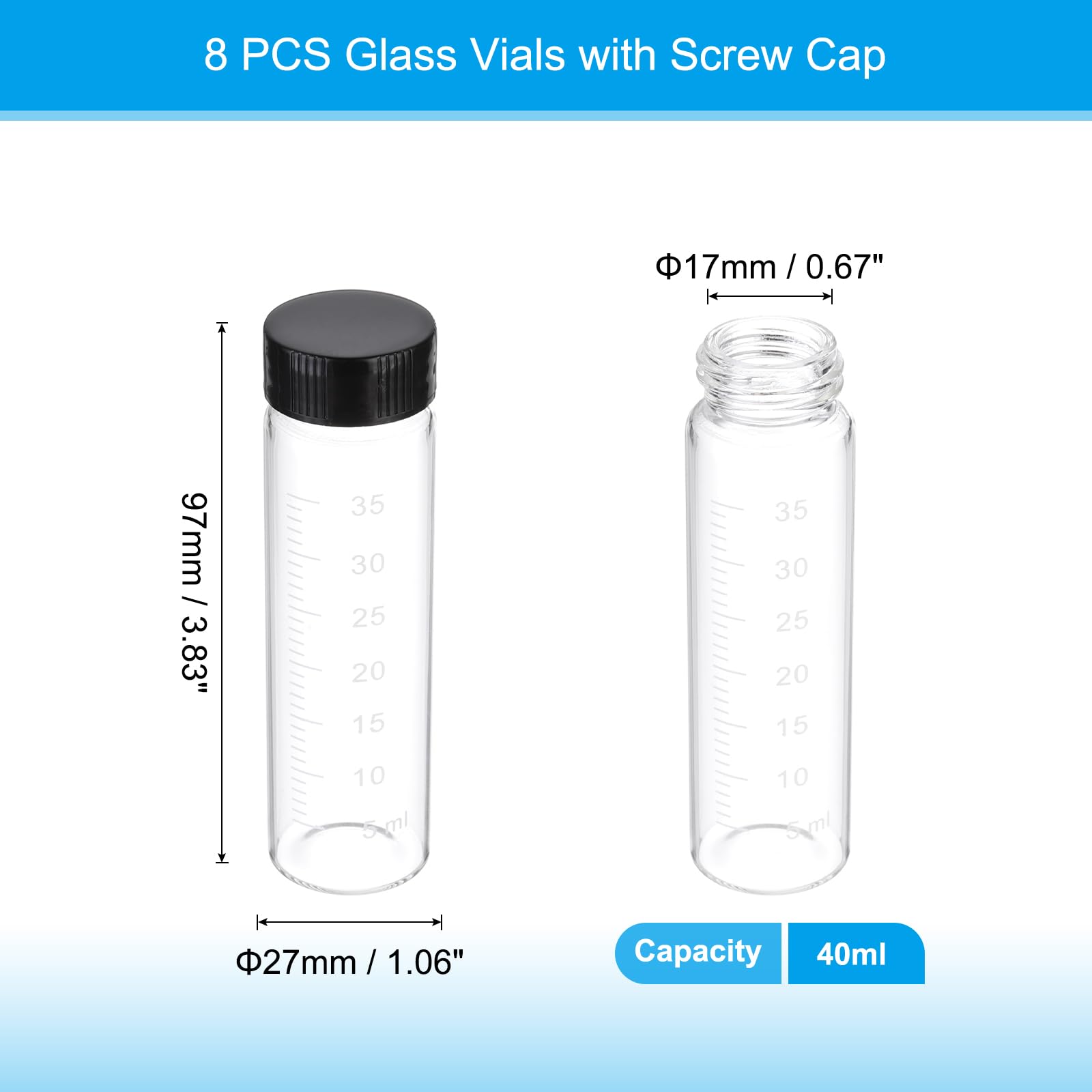 PATIKIL 8pz 40ml Piccoli Viali Vetro Trasparente con Tappo a Vite Nero, Bottiglie Campionamento Graduato Vetro Borosilicato Conservare Solidi Liquidi e Polveri
