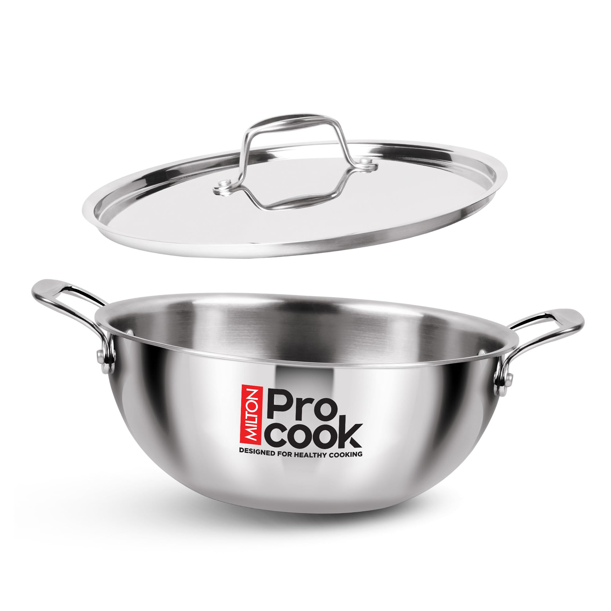 MILTON Pro cook Induction Cookware & Gas Stove Friendly Triply Stainless Steel Kadhai 3.5L (24 cm) with SS Lid | Deep Fry Pan | 3-Layer Durable Construction | Sturdy Handle | 3 Year Warranty | Silver