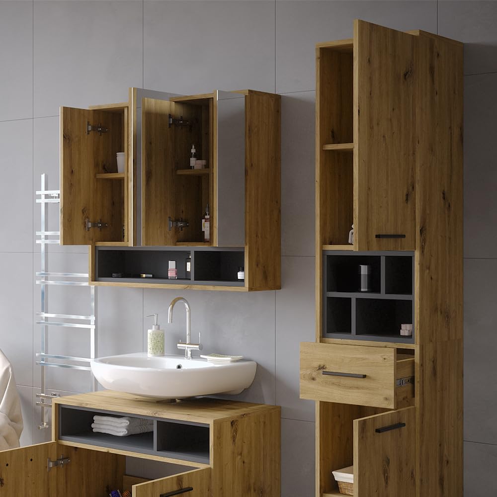 Vicco Armario de baño Beatrice, Roble Artesanal/Antracita, 38 x 190 cm con Puertas, cajón, para el Almacenamiento de artículos de baño y Compatible con Beatrice