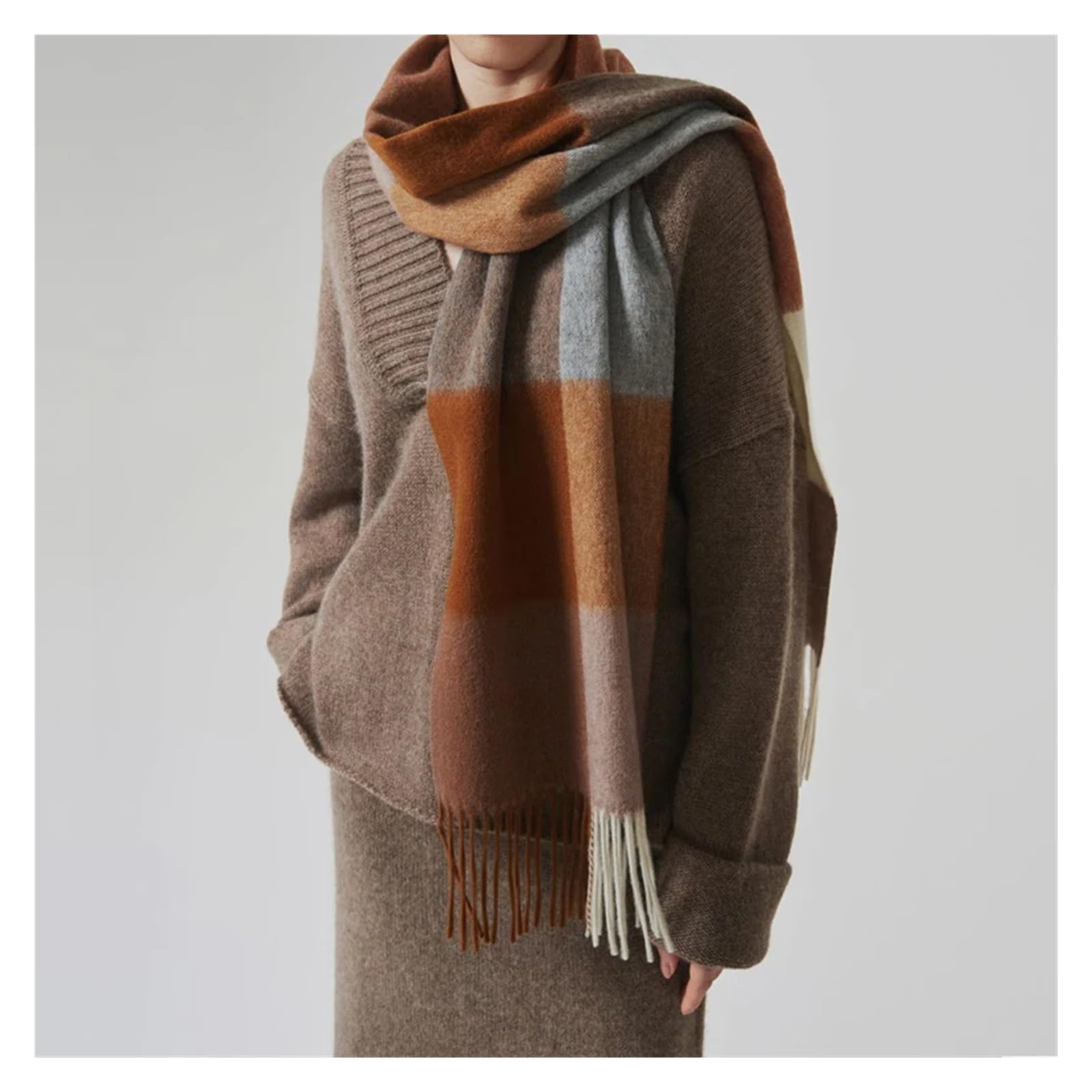 100% Bufanda de Lana de Cordero for Hombre y Mujer, Chal térmico Suave de Lana Pura for Invierno y otoño, Bufanda clásica Simple con borlas for Hombre y Mujer(WJ1089-shenhui15)