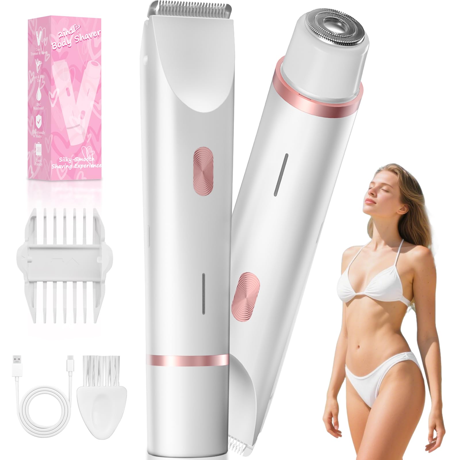 Rasoio elettrico per bikini da donna, rasoio personale per peli pubici, linea bikini, gambe, ascelle e viso, ricaricabile USB-C, delicato sulla pelle sensibile, risciacquabile, regalo, bianco
