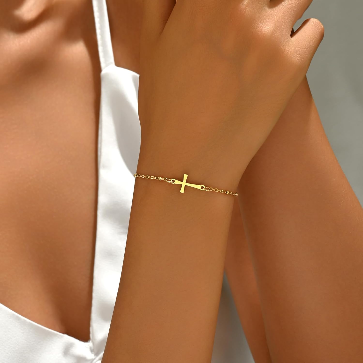Cross Bracelet for Women, 18K Gold Plated Dainty Pearl Beaded Cross Bracelets, Adjustable Stainless Steel Trendy Wedding Bridesmaid Jewelry, Christmas Gifts - Image 2