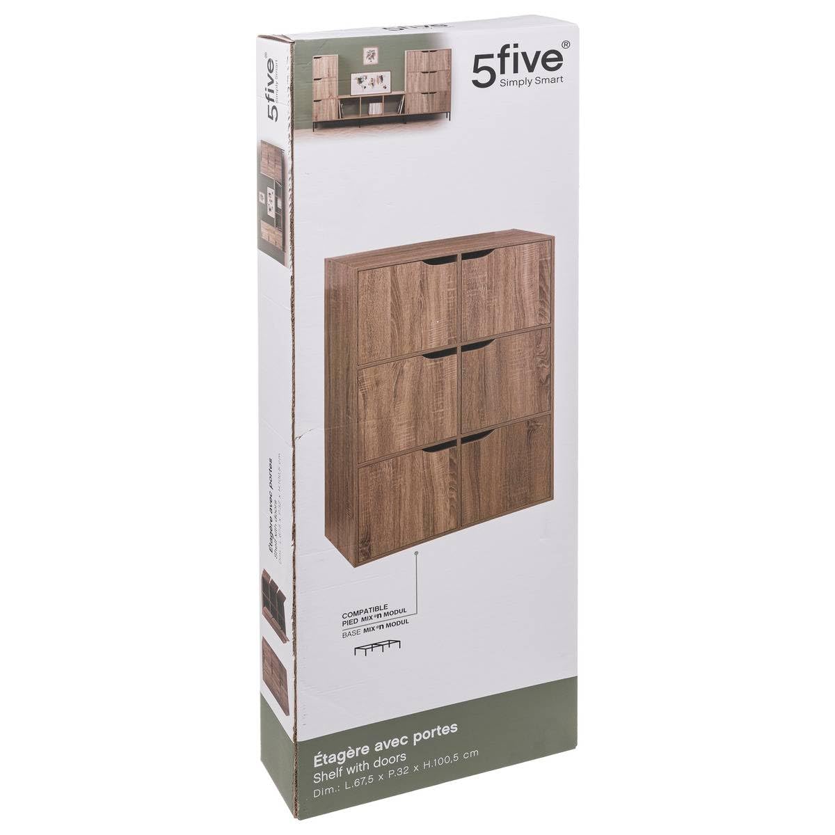 5five - Estantería Mix'n Modul de 6 compartimentos - Efecto madera natural - 6 puertas - Almacenamiento práctico y práctico - Salón, oficina, dormitorio