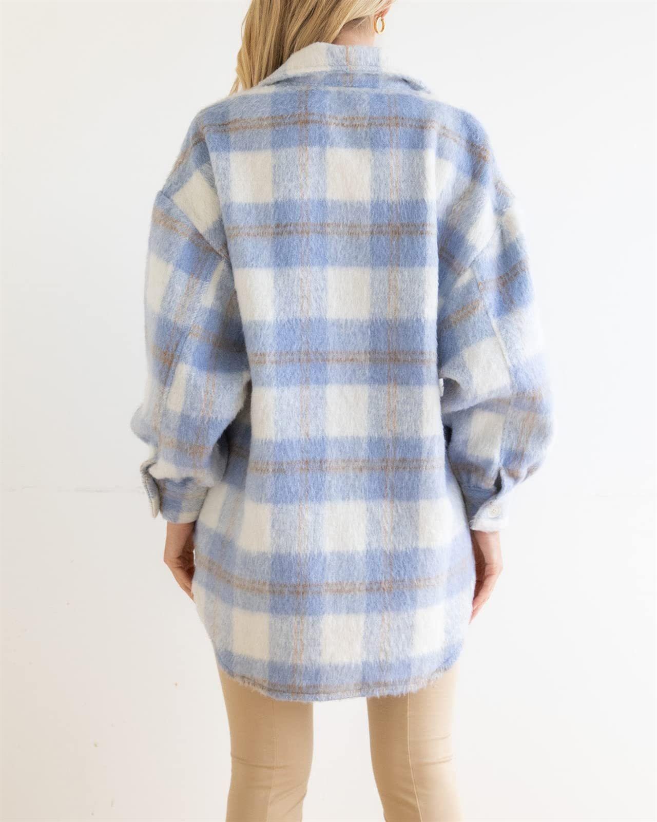 Camisa a Cuadros de Manga Larga para Mujer, Camisa a Cuadros Informal más Gruesa, Blusa con Bolsillos, Prendas de Vestir, Abrigo (Blue L)