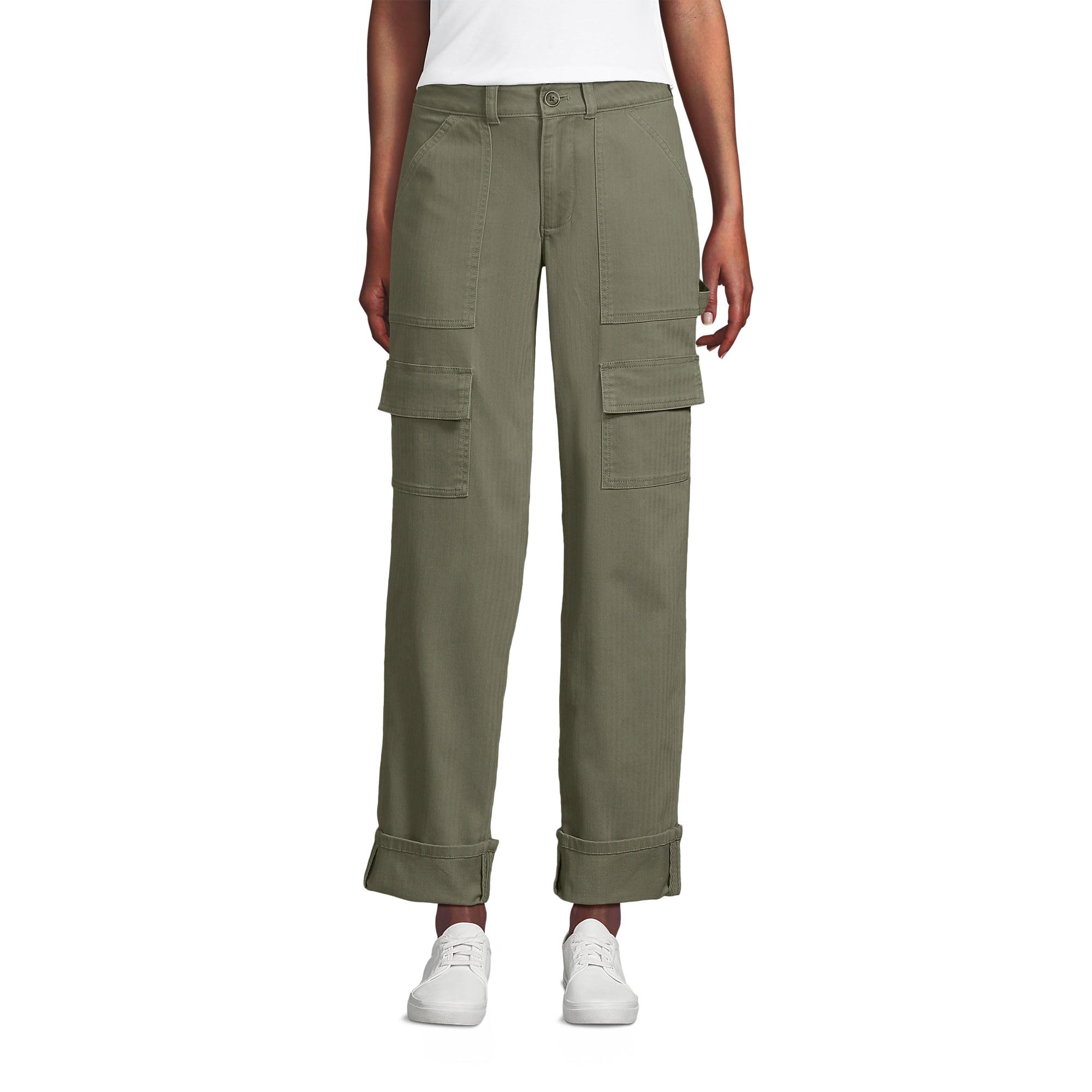 Lands End Womens Chino Mid Rise Straight Leg Cargo Ankle Pants 10 River Stone Green