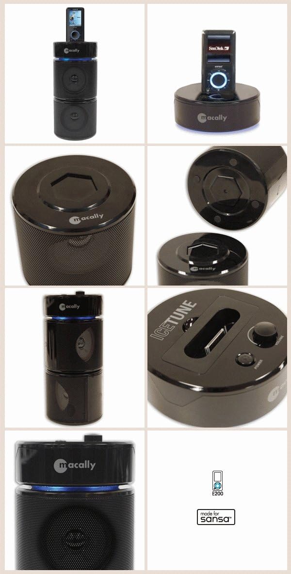 Multiplo views of the Macally Icetune speaker system, showing the stacked configuration, the top view of the dock, and the base.