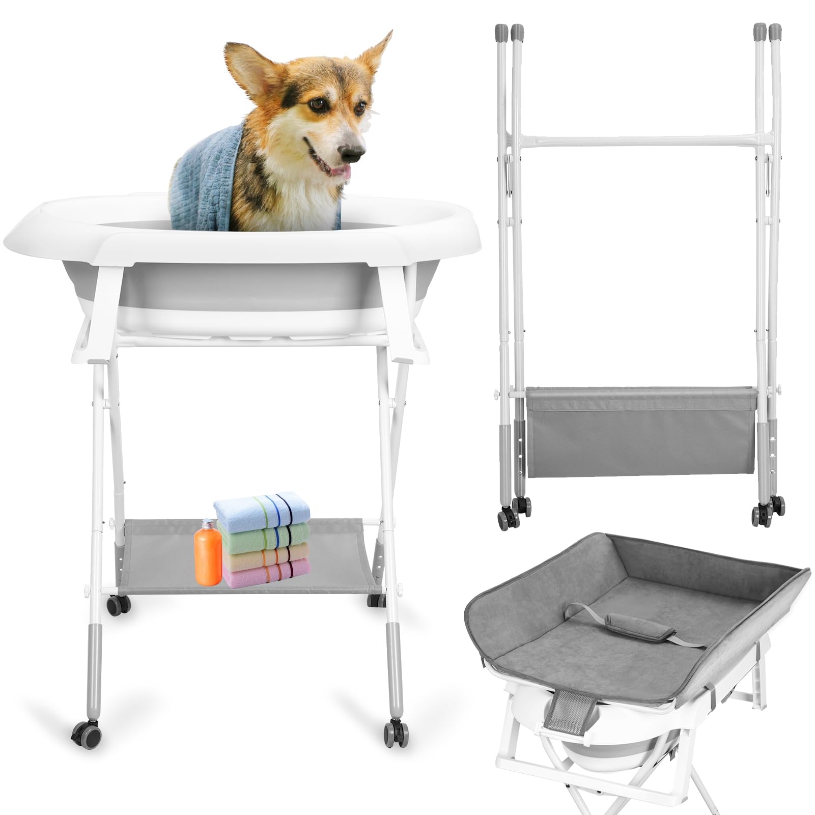 Yokawe Baignoire pour chiens et chats de petite et moyenne taille, 2 en 1, station de douche, pliable et portable pour intérieur et extérieur, gris