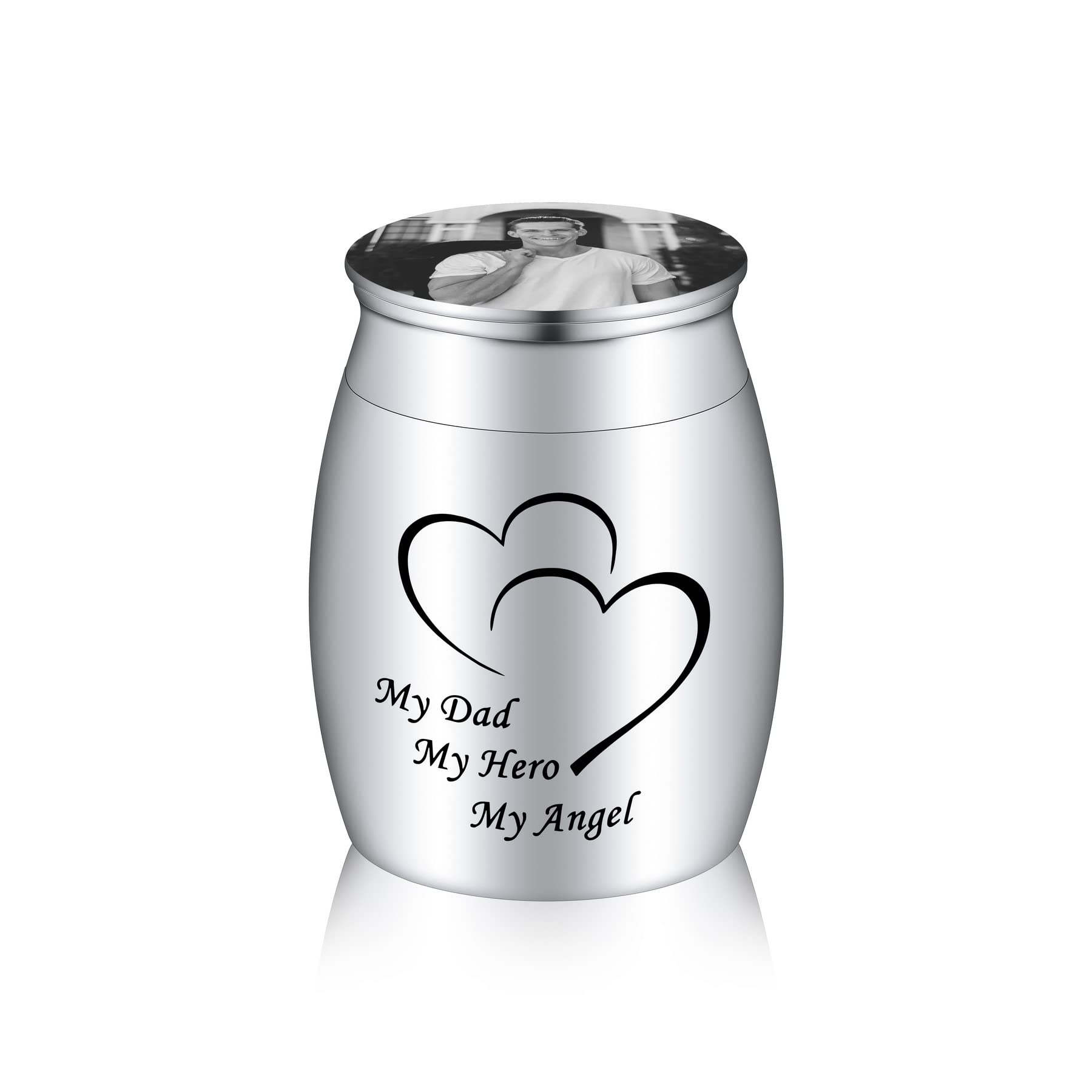 MeMeDIY Pequeña Urnas para Cenizas Cremación Mascotas Perros Gatos Humanas Recuerdo Conmemorativo Acero Inoxidable Personalizada Foto, Texto, Piedra Nacimiento (Silver, Black & White Photo, My..)