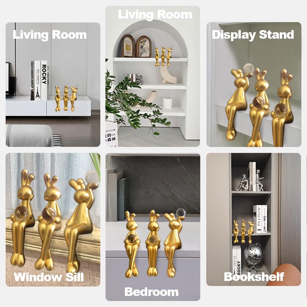 Gold Decor Thinker Rabbit Statue, Modern Art Cute Animals Accents Home Decor for Living Room, Resin Sitting Sculpture Collectible Figurines for Bookshelf Coffee Table Ornaments (Gold)