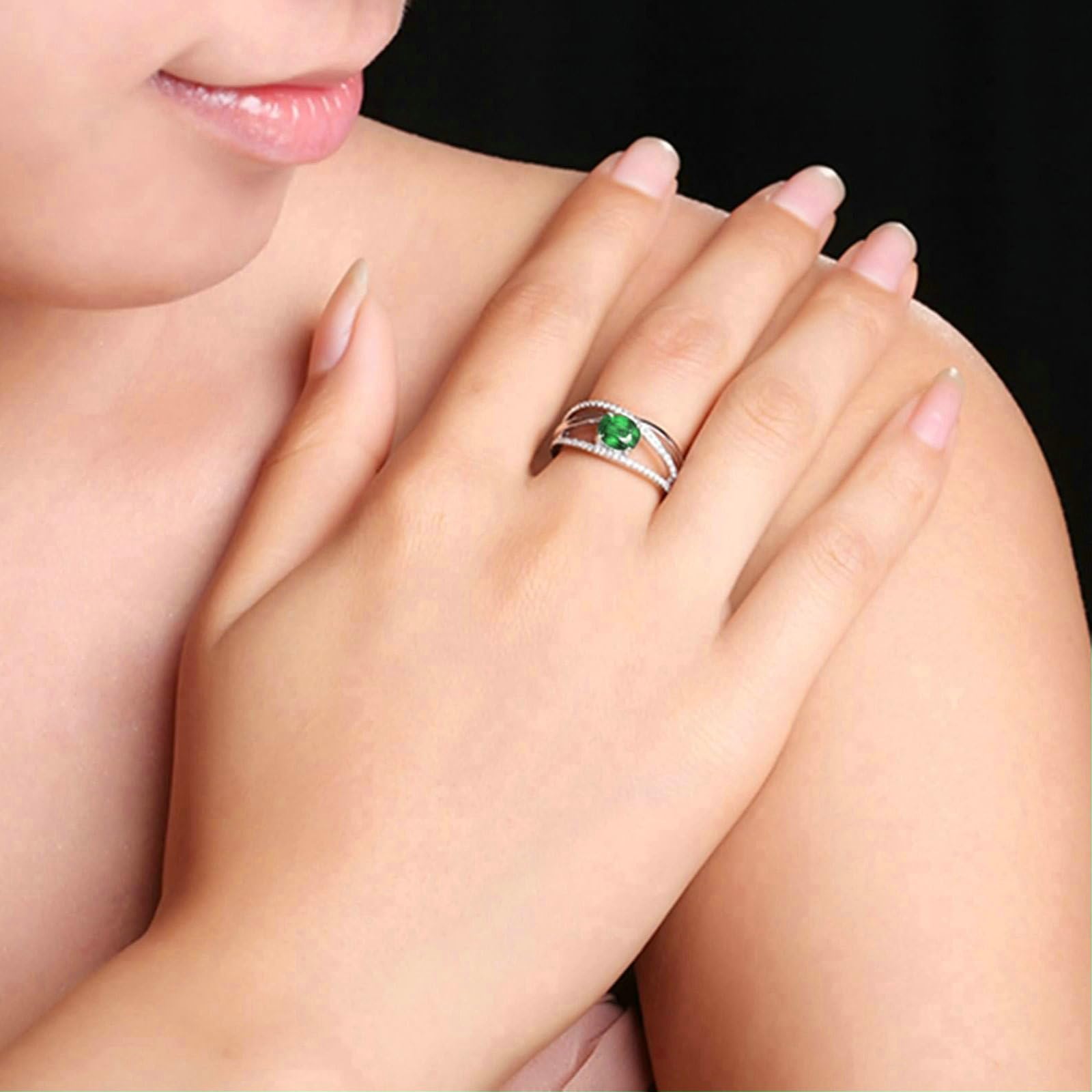 Anillos de oro blanco para mujer, platino, anillo de compromiso infinito con esmeralda ovalada de 1 quilate y moissanita, talla H 1/2-V 1/2