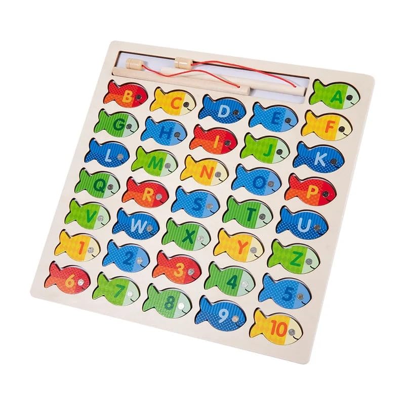 Kids Wooden Magnetic Puzzle Toy Alphabet and Numbers Fish Catching Game Montessori Wooden Toy, for Children