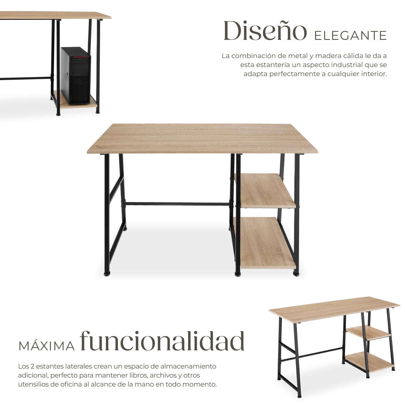 tectake® Mesa Escritorio con 2 Estantes Integrados, Pies Ajustables, Moderno Escritorio para Ordenador, Mesa Oficina, Fácil Montaje - 120 x 50 x 73,5 cm Madera Industrial Clara, Roble Sonoma