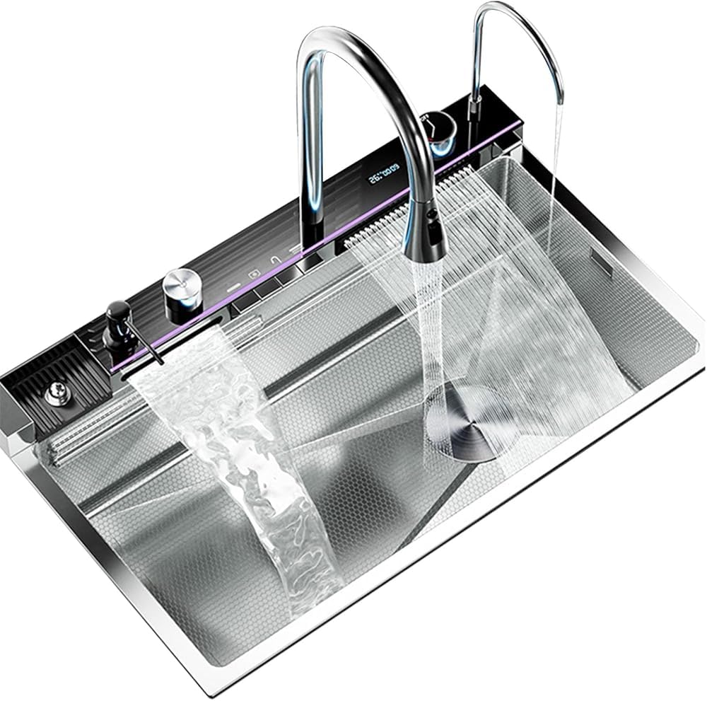Évier de cuisine cascade en acier inoxydable grand bac unique avec affichage digital moderne