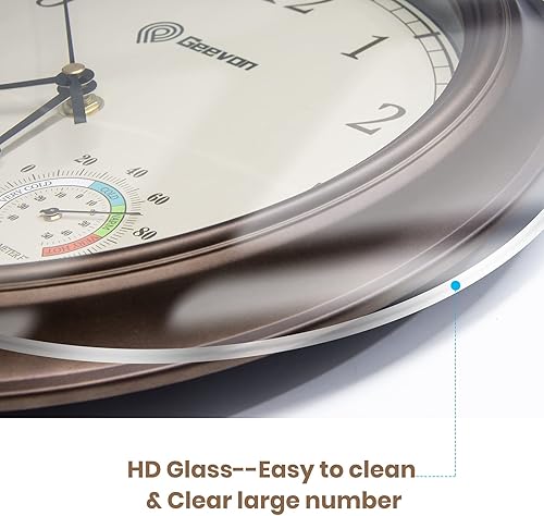 Miniatura 5 de Geevon Relojes de pared retro de 14 pulgadas, funciona con pilas, con higrómetro y termómetro, reloj de pared silencioso sin tictac decorativo de