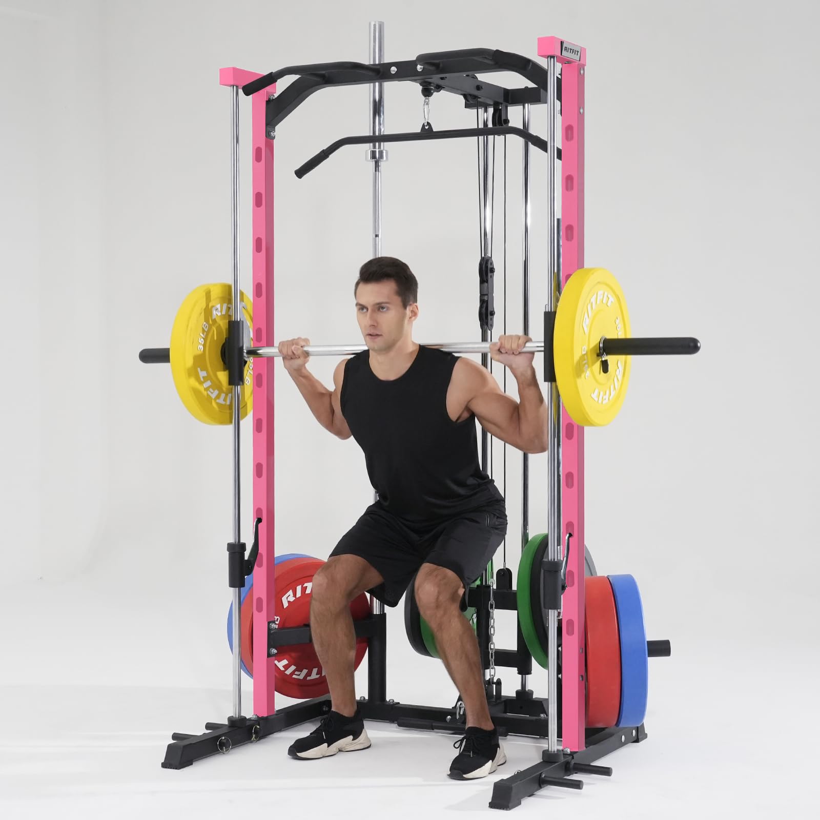 RitFit Power Rack Smith Machine mit Kabelzug | mit Langhantelstange, Klimmzug, Kraftstation für Zuhause & Home Gym, 450kg Belastbarkeit